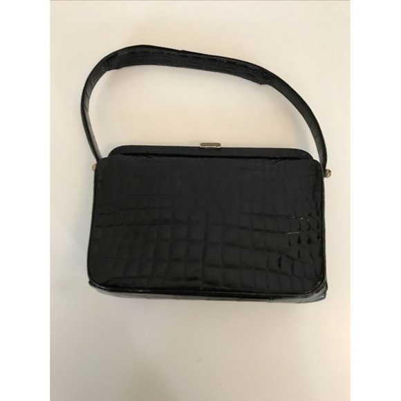 Lancel Navy Crocodile Leather Boxy Hinged Top Bag - Picture 4 of 6